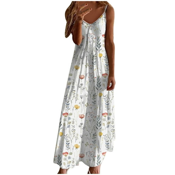 Ruimatai Women's Summer Crew Neck Sleeveless Dress Casual Flowy Long Maxi Dress with Floral Print Lightweight Comfortable Beach Vacation Outfit