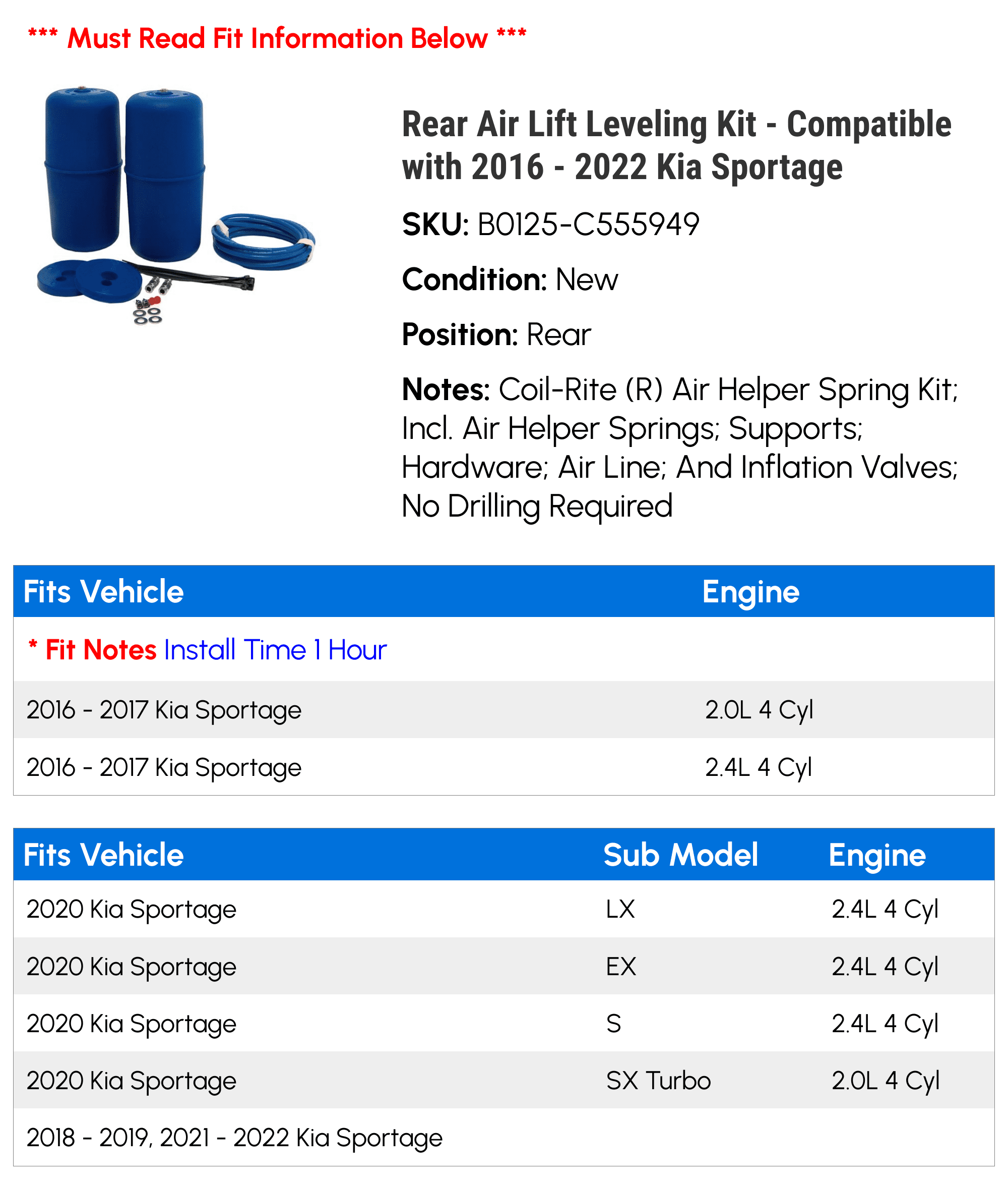 Rear Air Lift Leveling Kit - Compatible with 2016 - 2022 Kia Sportage 2017 2018 2019 2020 2021