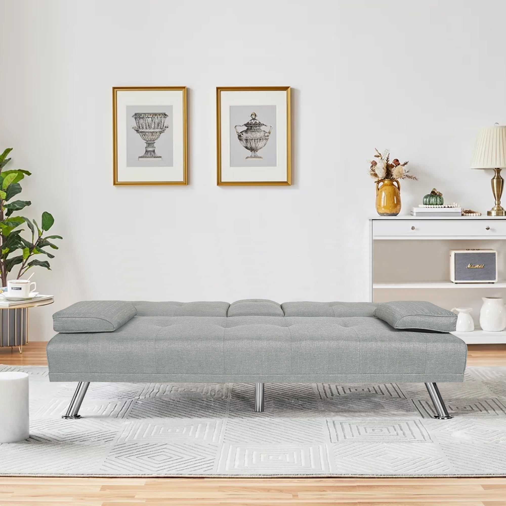 Derzers Linen Convertible Futon Sofa Bed Twin with Adjustable Backrest with Cup Holders, Light Gray