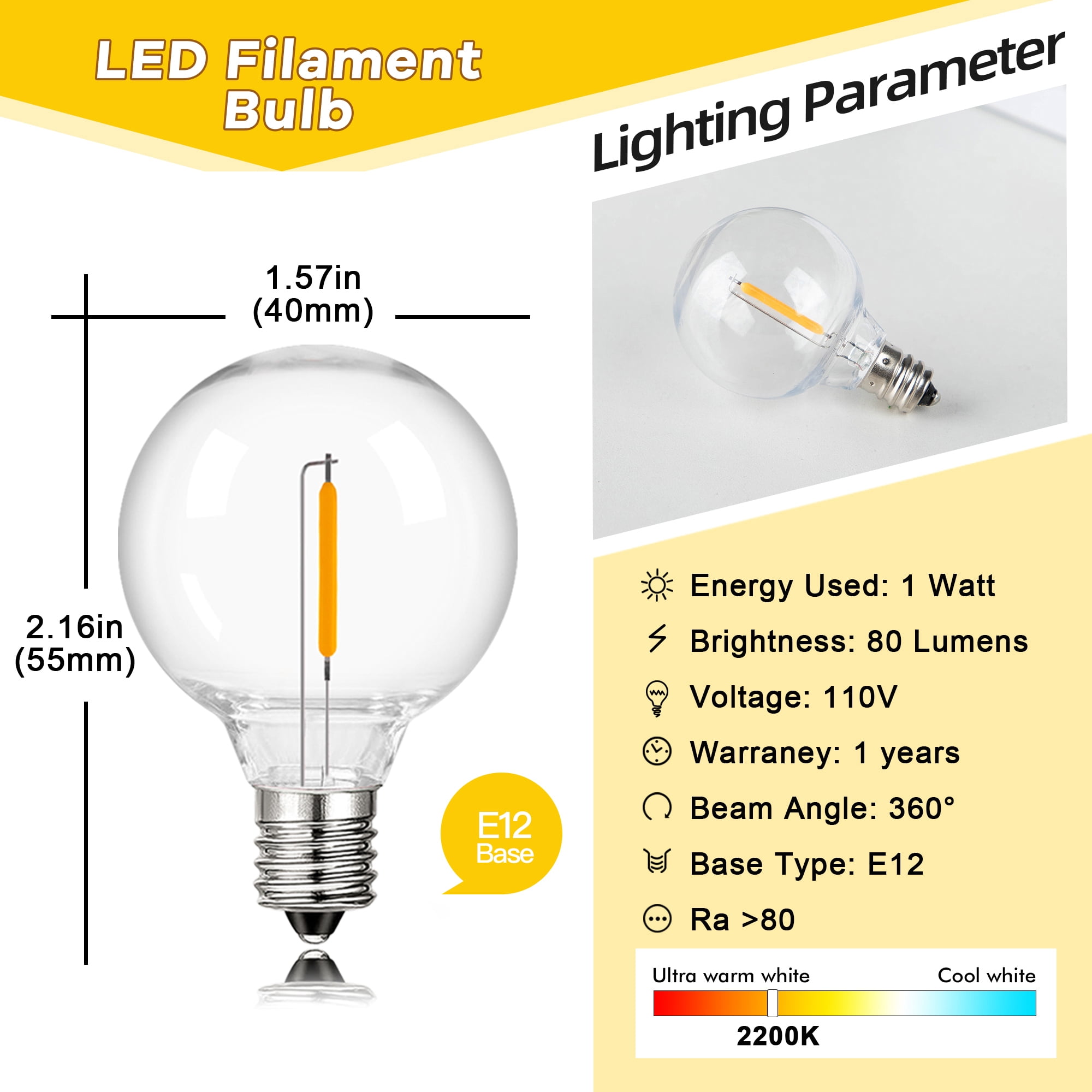 G40 Plastic LED Light Bulbs, 1W E12 Small Screw Mouth, 2200K Ultra Warm Yellow, Shatterproof & Dimmable Globe Bulbs for Night Lights, Chandeliers, Wall Sconces & Holiday Decor, 25Pack