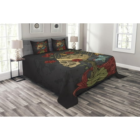 Mexican Bush - Skull Bedspread Set, Evil Mexican Sugar Skeleton with Kitsch Bush of Roses Snake and Butterfly Artwork, Decorative Quilted Coverlet Set with Pillow Shams Included, Ruby Dark Grey, by Ambesonne