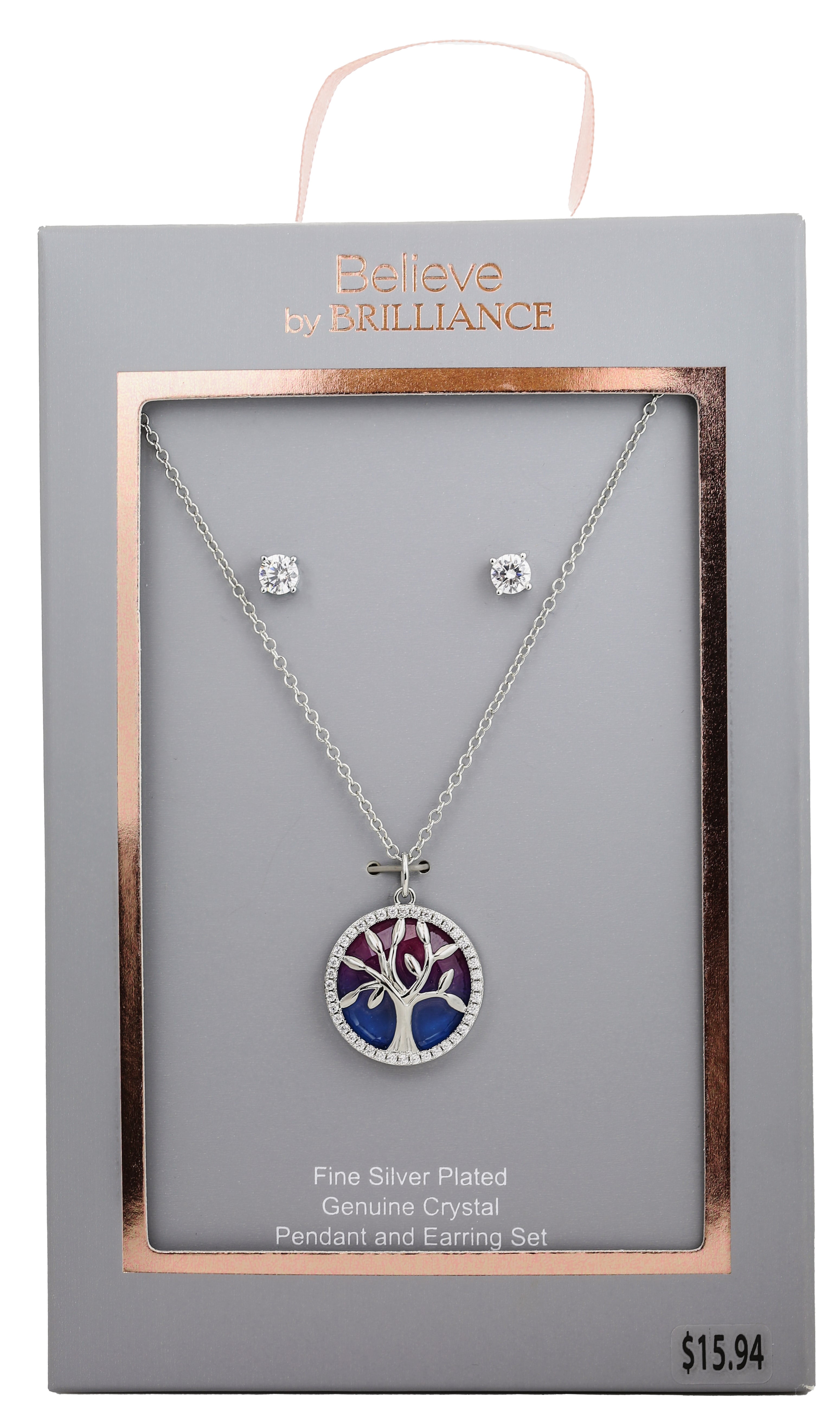 Believe by Brilliance Women's Fine Silver Plated Pendant & Earring Set with Crystal & Cubic Zirconia