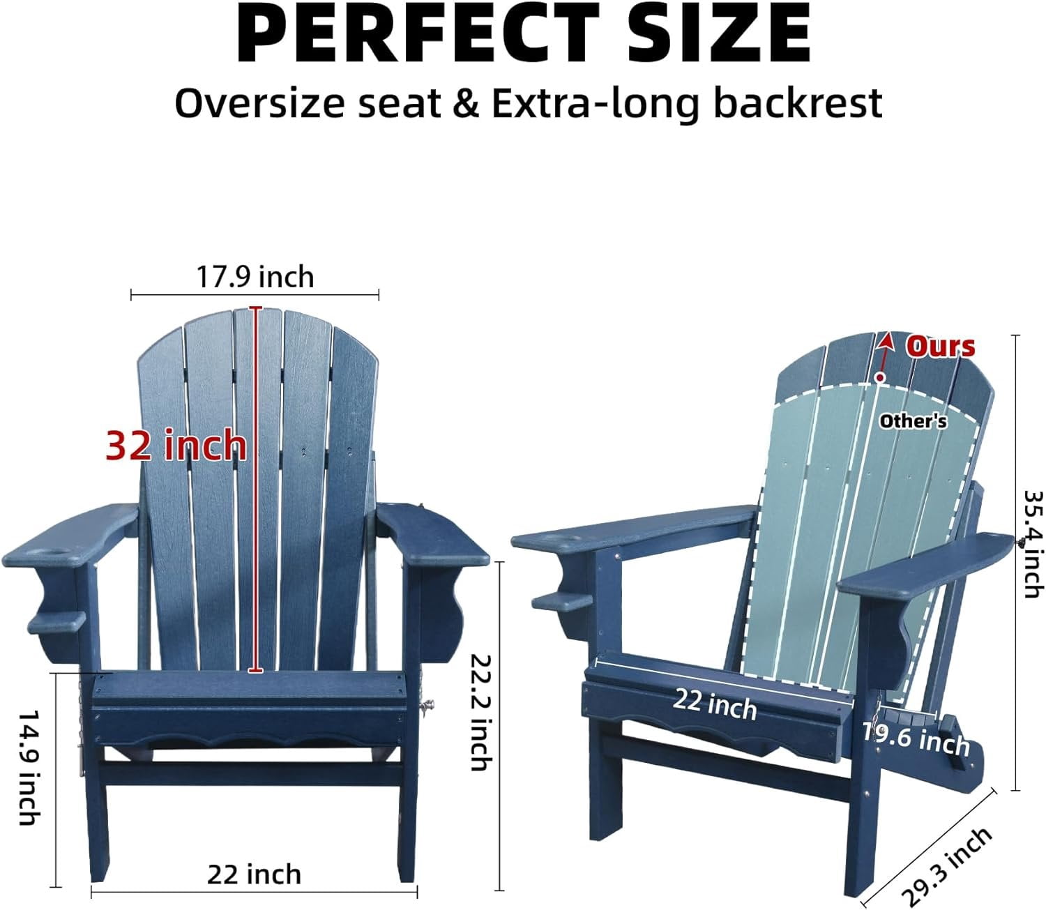 Folding Adirondack Chairs, HDPE Plastic Adirondack Chair with Cup Holder Weather Resistant,  Texture Outdoor Fire Pit Chairs for Patio Garden,Poolside and Deck, Umbrella Hole, Dark Blue