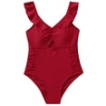thumbnail image 3 of Huowey Baby Girls Onepiece Swimsuit Ruffles Trim V-Neck Fashionable Hollow Out Ruched Solid Color High Waist Casual Tankini Bathing Suit Tummy Control Summer Stylish Beachwear Swimwear,Red,7-8 Years, 3 of 9
