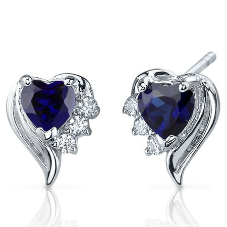 Peora 1.50 Ct Heart Shape Created Blue Sapphire CZ Accent Sterling Silver Stud Earrings Rhodium Finish