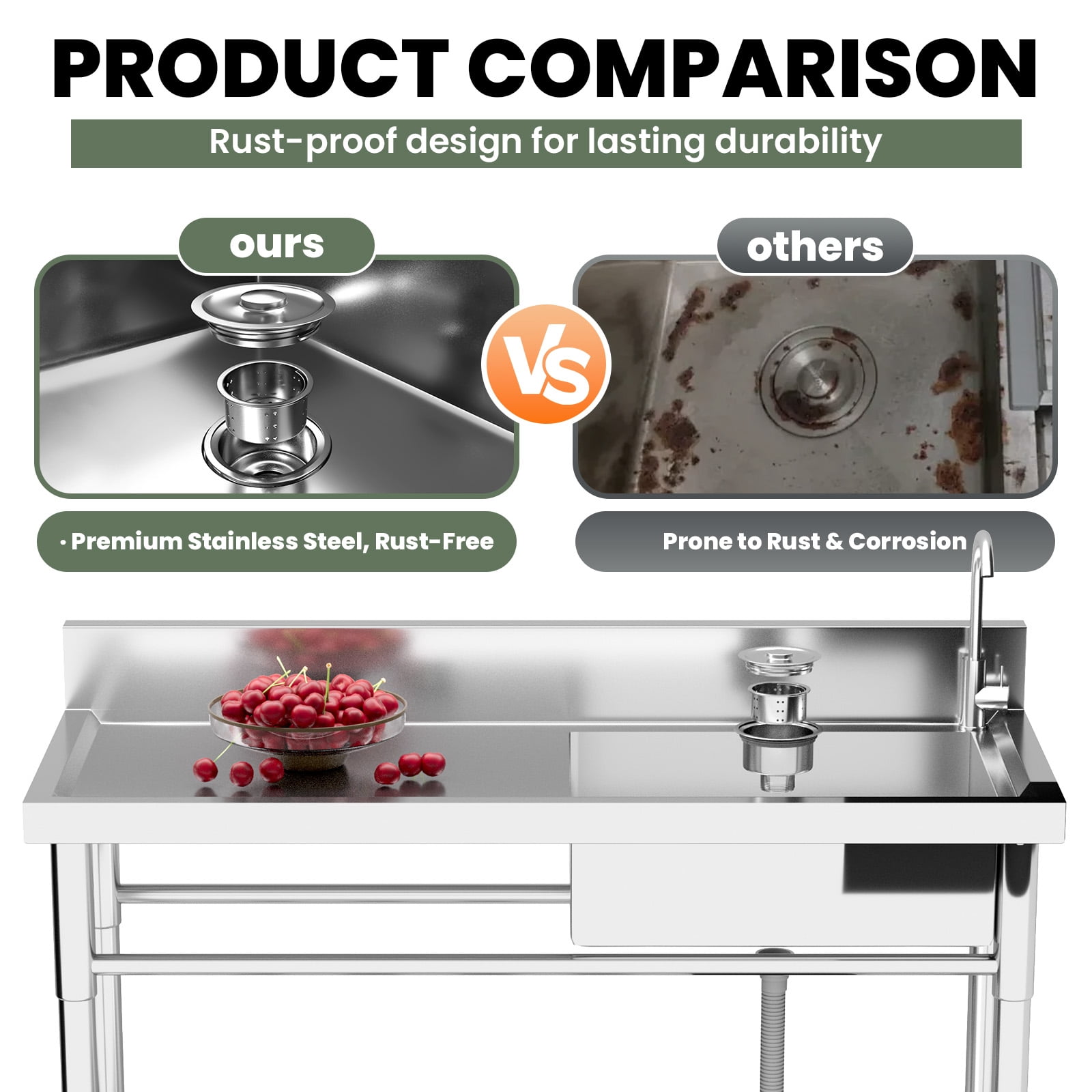 Commercial Kitchen Sink, 304 Commercial Stainless Steel Sink with Single Bowl Basin, Free Standing Utility Sink for Outdoor & Garage Cleaning