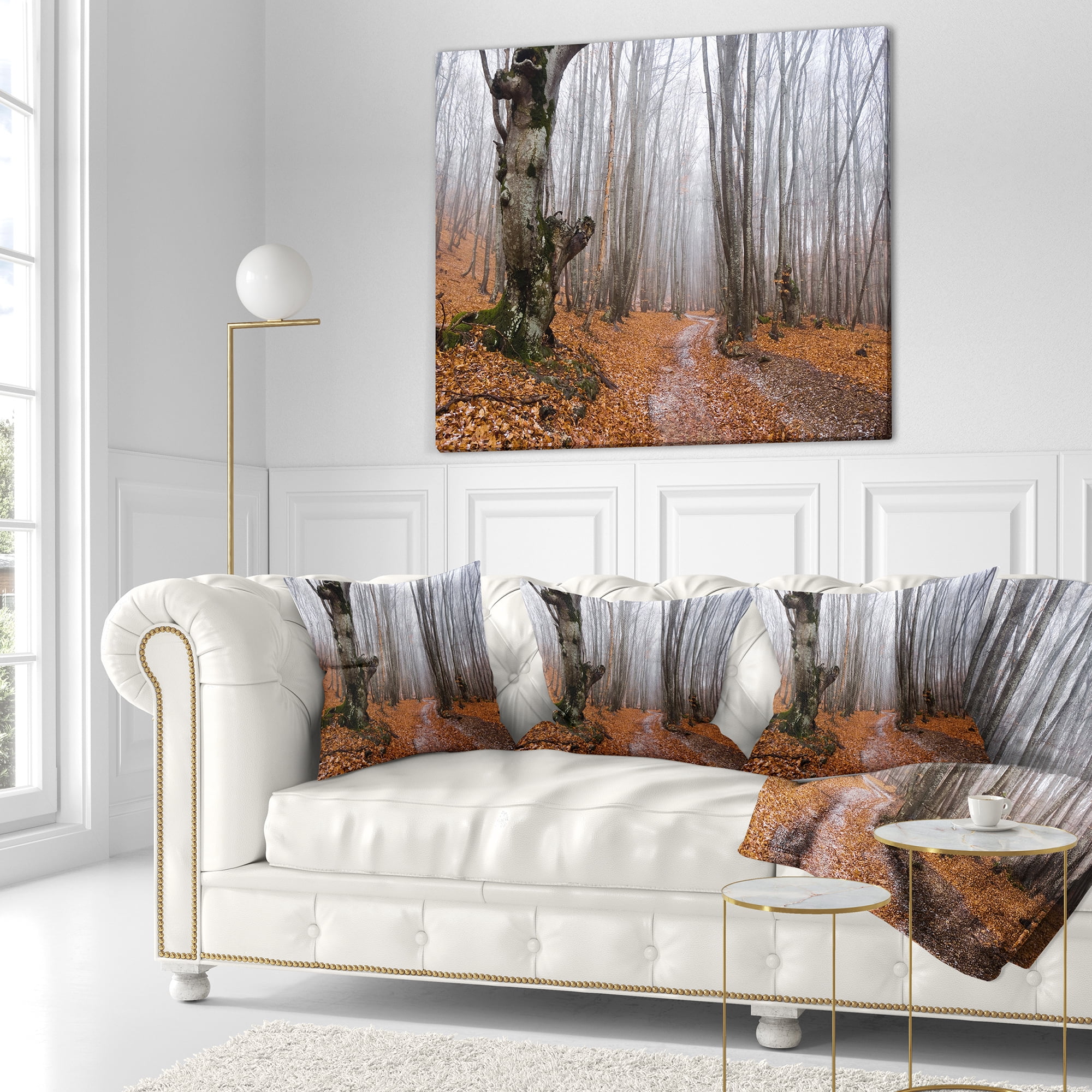 Designart Road Covered by Fallen Leaves - Modern Forest Throw Pillow - 18x18