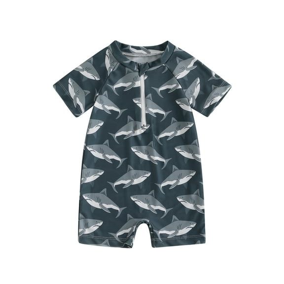 Toddler Baby Boy Swimsuit 6 12 18 24 Months 2T 3T Short Sleeve Mock Neck Shark Print Zip Up Rash Guard Bathing Suit
