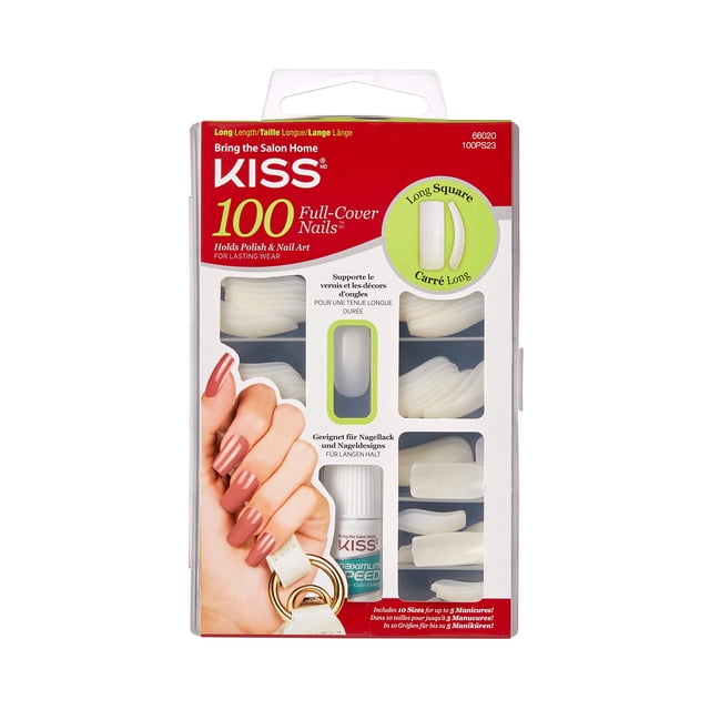 Uñas Kiss 100 Acrílicas Lisas Cubierta Completa Activas Largas Cuadradas