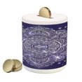 thumbnail image 1 of Ethnic Piggy Bank, Floral Ornament Round Mandala Paisley Inspired Retro Style, Ceramic Coin Bank Money Box for Cash Saving, 3.6" X 3.2", Lavender Blue Indigo, by Ambesonne, 1 of 4