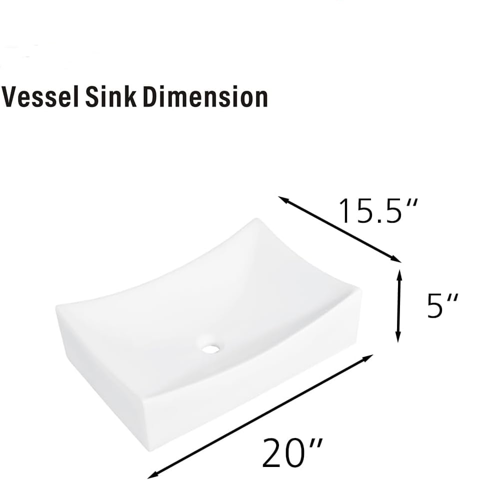 WinZo Small Rectangle Bathroom Sink Above Counter Square Basin Bowl Countertop Vessel 20"x15" Inches Modern Contemporary Porcelain Ceramic Wash Lavatory