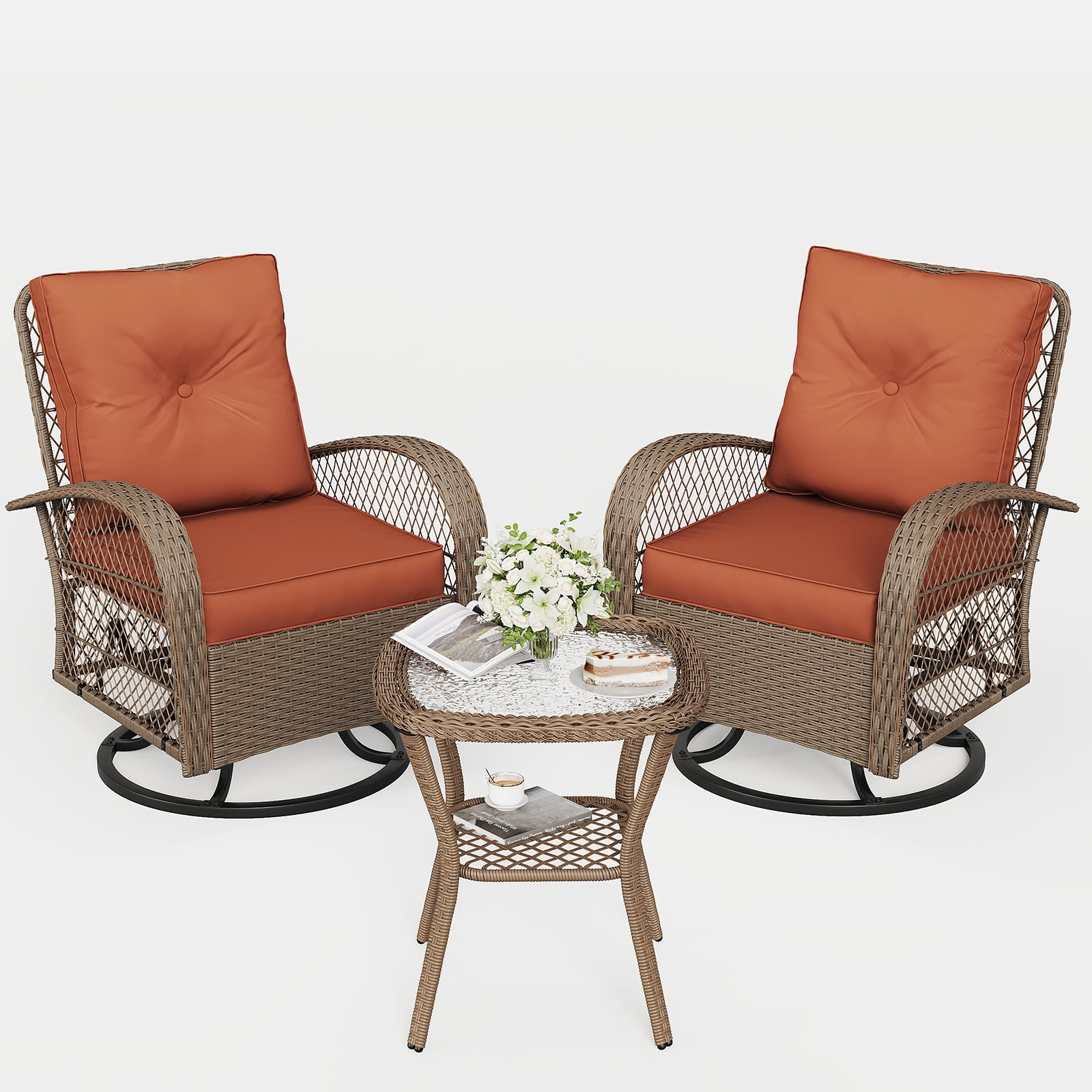 ELPOSUN 3 Pieces Patio Furniture Set, Outdoor Swivel Gliders Rocker, Wicker Patio Bistro Set with Rattan Rocking Chair, Glass Top Side Table and Thickened Cushions（Orange）