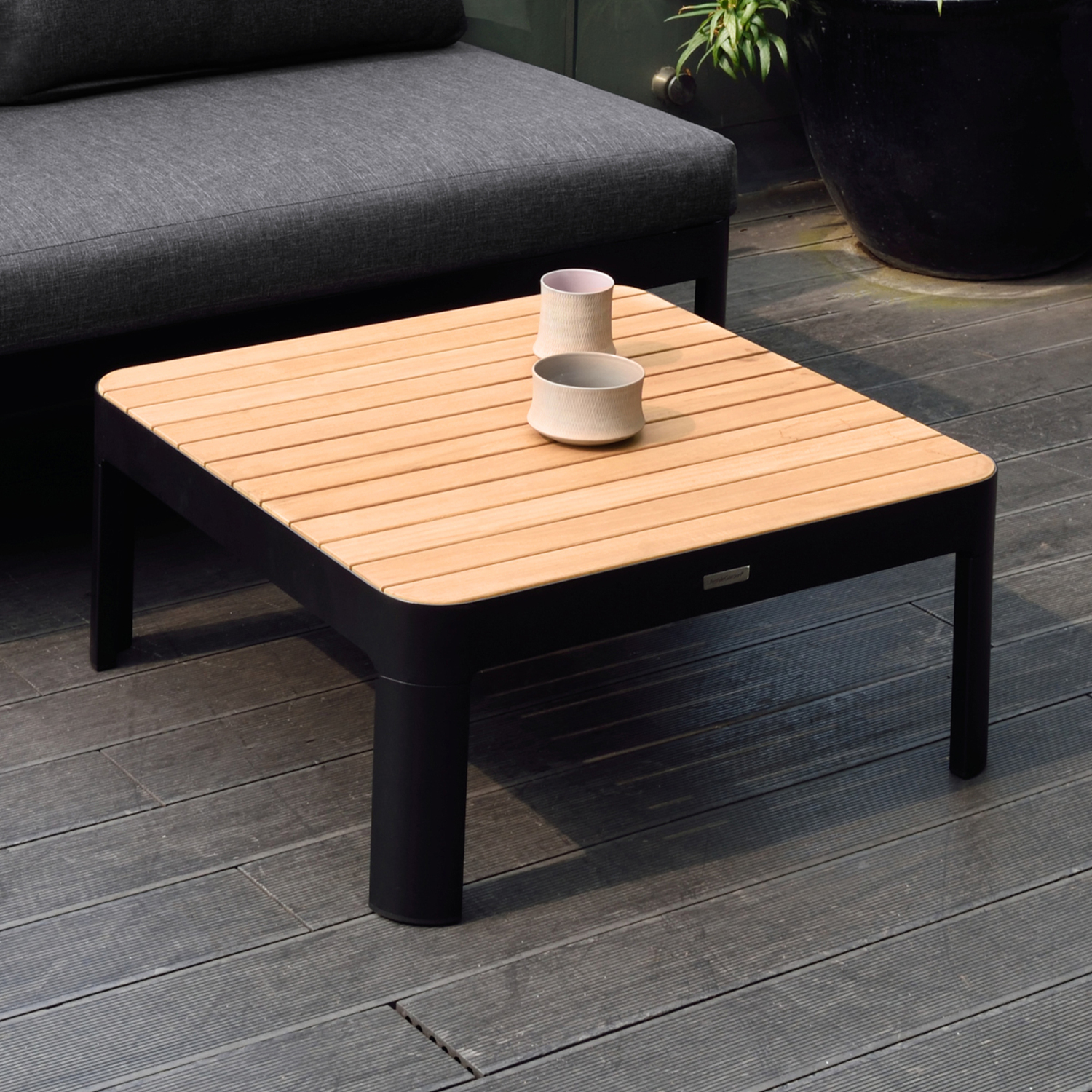 Portals Outdoor Square Coffee Table in Black Finish with Natural Teak Wood Top - image 4 of 6