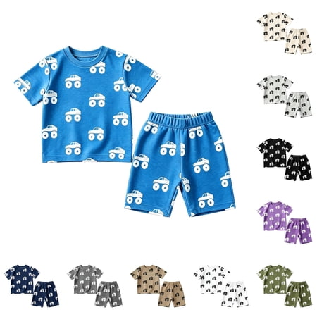 CUZIBR Boys Outfits Crewneck Summer Graphic Print Short Sleeve Tee And Shorts Two Piece Casual Playwear For Toddlers Kids Clothes Sets Blue 7-8 Years