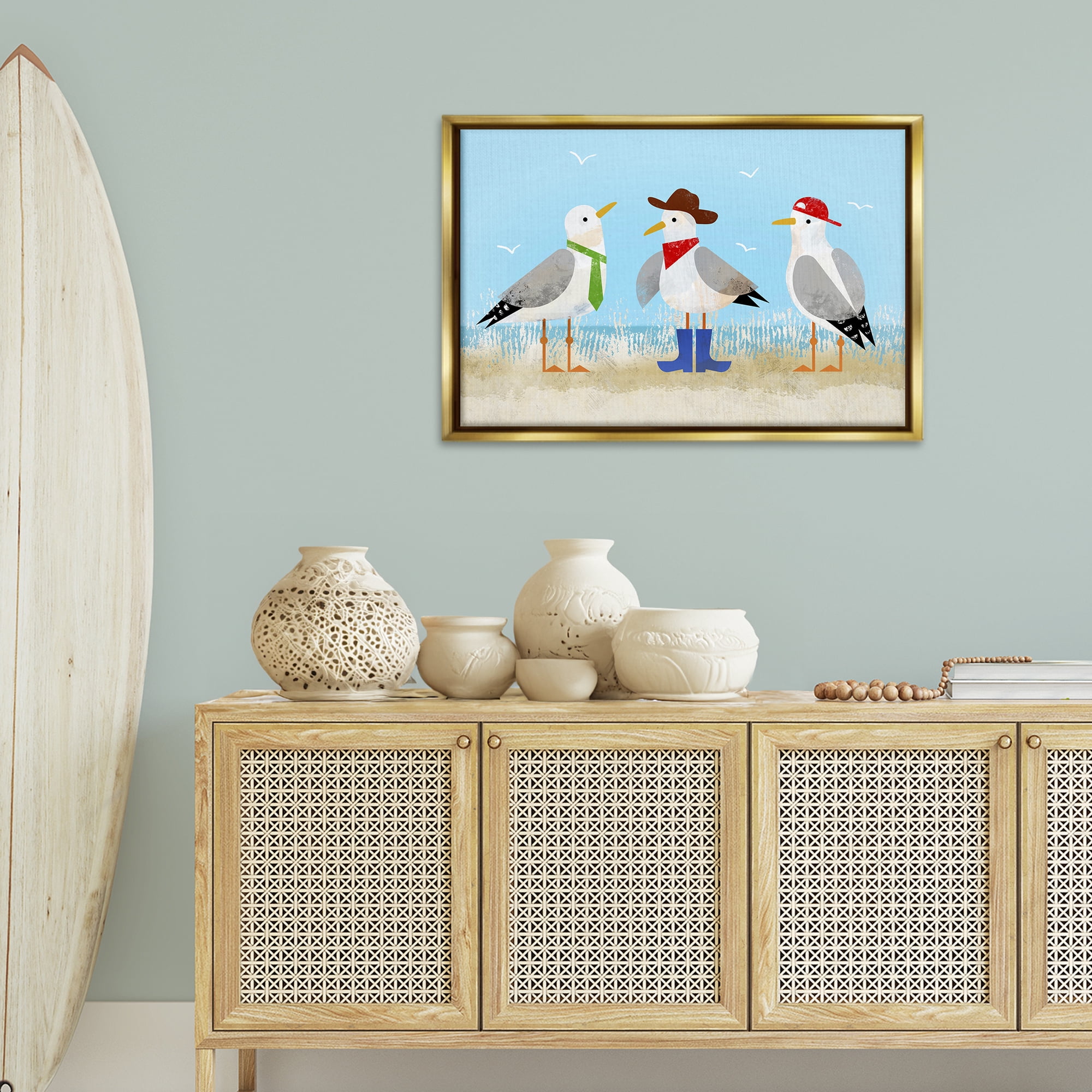 Stupell Industries Dressed Seagulls on Beach Animals Painting Gold Floater Framed Canvas Art Print Wall Art, 31 x 21