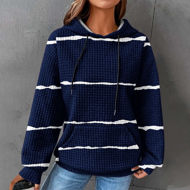 EGNMCR Sweat à Capuche à Manches Longues pour Femmes, Imprimé Rayé, avec Poches, Automne