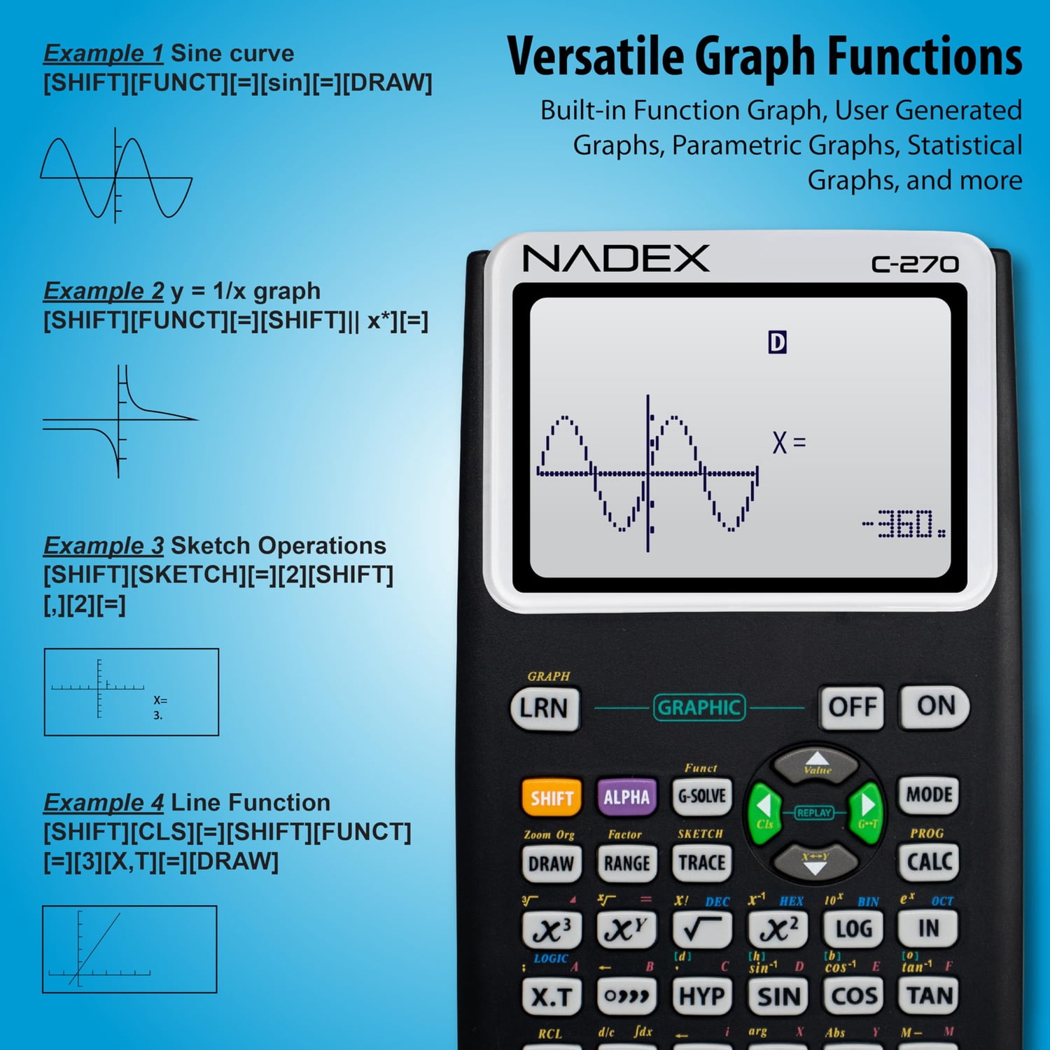Nadex Coins C-270 Scientific Calculator with Black and White Graph Functions, Battery Powered (Black), NXTE-1699