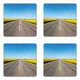 thumbnail image 1 of Yellow and Blue Coaster Set of 4, Roadme Highway with Sunflower Field Backdrop Nature Panorama, Square Hardboard Gloss Coasters, Standard Size, Grey Sky Blue, by Ambesonne, 1 of 2