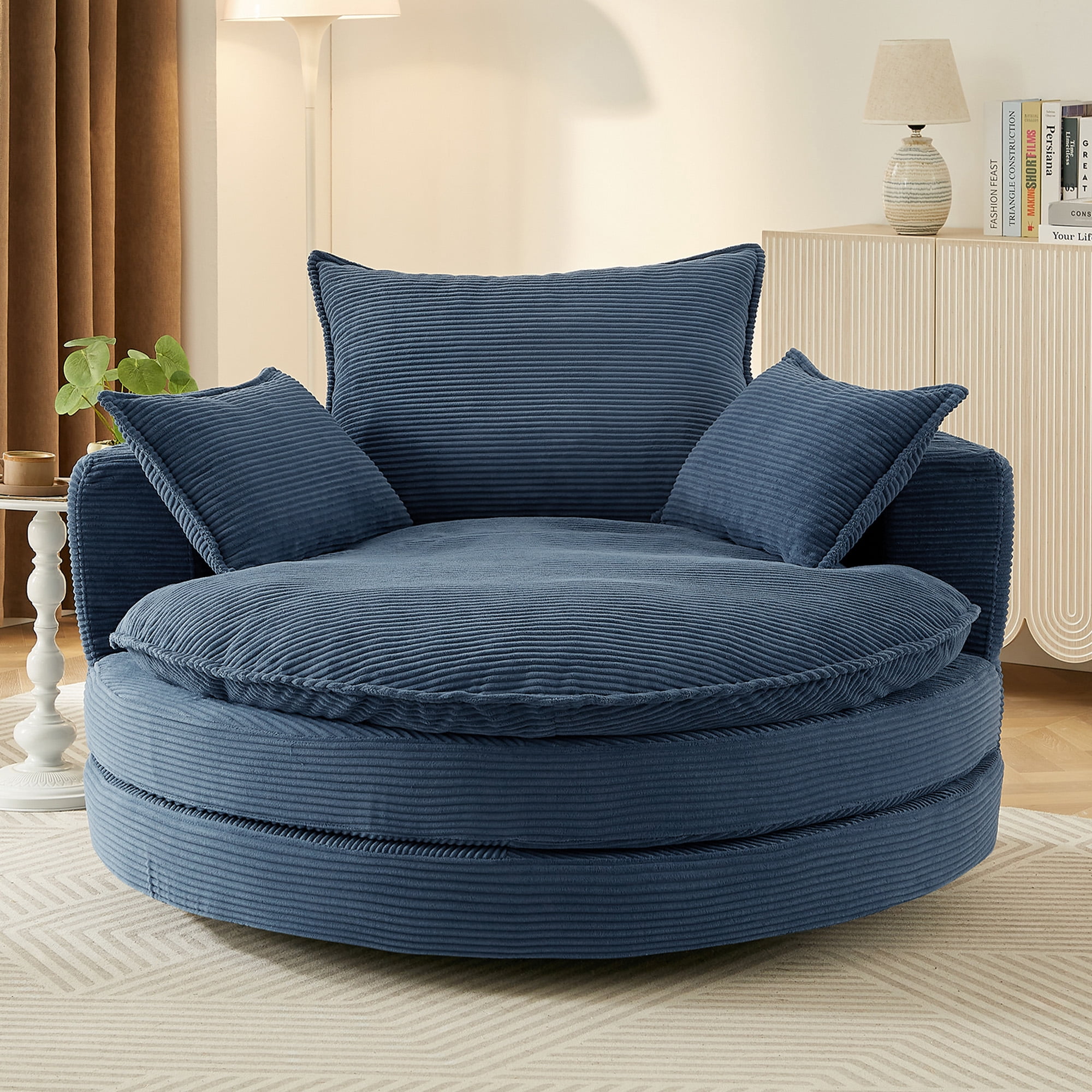 Euroco Oversized Round Swivel Chair with Corduroy Upholstery and Deep Seat, 360° Rotation Lounge Chair with Pillows for Living Room or Bedroom – 57.5" W x 56.5" D x 35.25" H