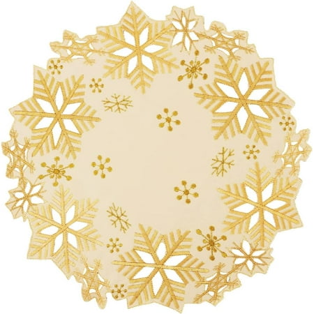 

Set of 4 Embroidered Snowflakes Round Doily Place-mats Round 15 inches for Christmas Holiday and Winter Dining Table Centerpieces (Gold)