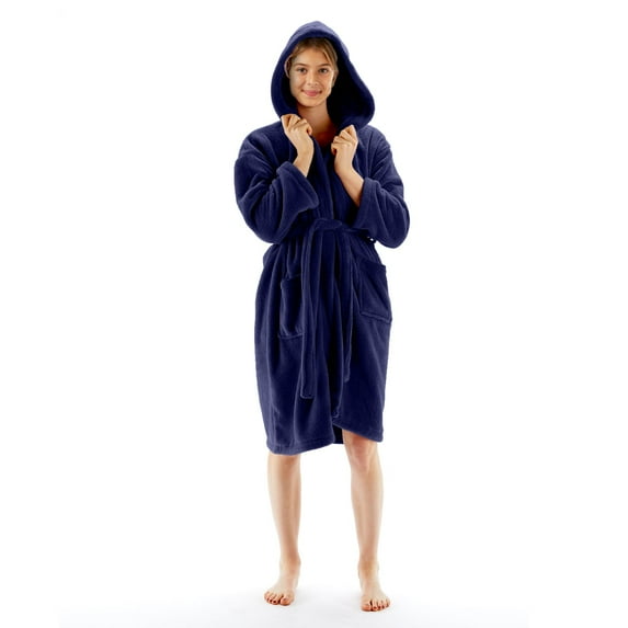 BC BARE COTTON Kids Microfiber Fleece Hooded Robe - Boys - Navy Blue - XXLarge