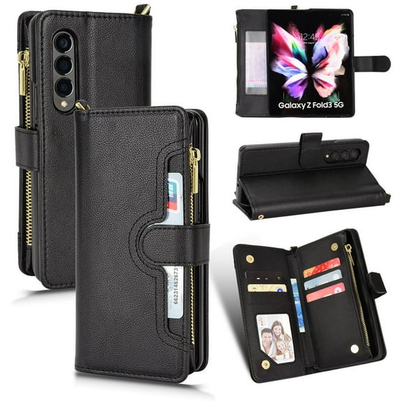 Card Holder Wallet Case Compatible with Samsung Galaxy Z Fold 4 Case with Wrist Strap kickstand Case for Galaxy Z Fold 4,Black