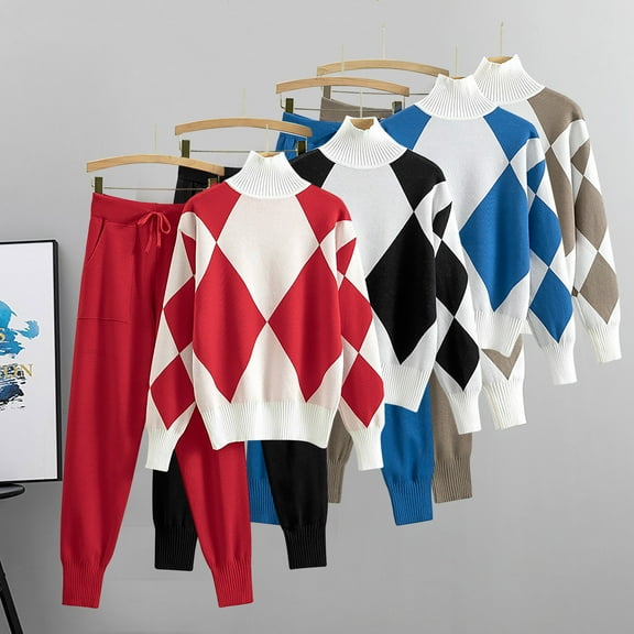 Miluxas Women Knit Sweatsuit Color Blocked Turtleneck Sweater Top and Wide Leg Pant 2 Piece Outfits Red 10(XL)