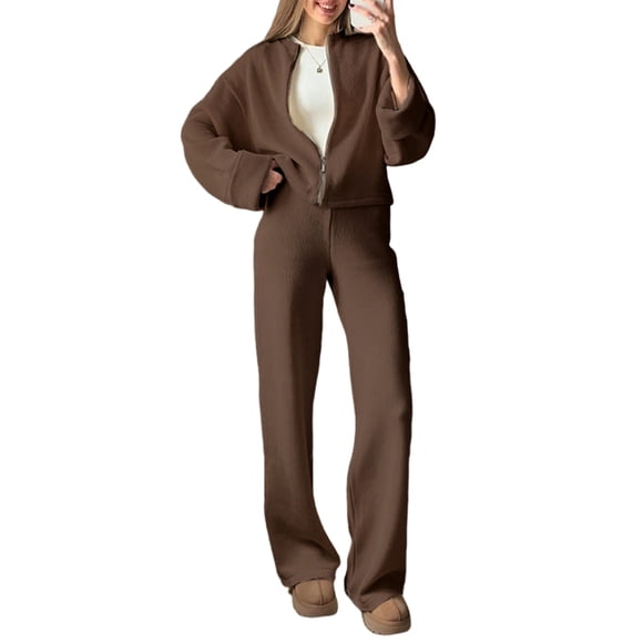 2 Piece Sets for Women Crew Neck Zip-Up Cardigan Loose Wide Leg Pants Tracksuit Knit Fall Winter Outfits Brown M