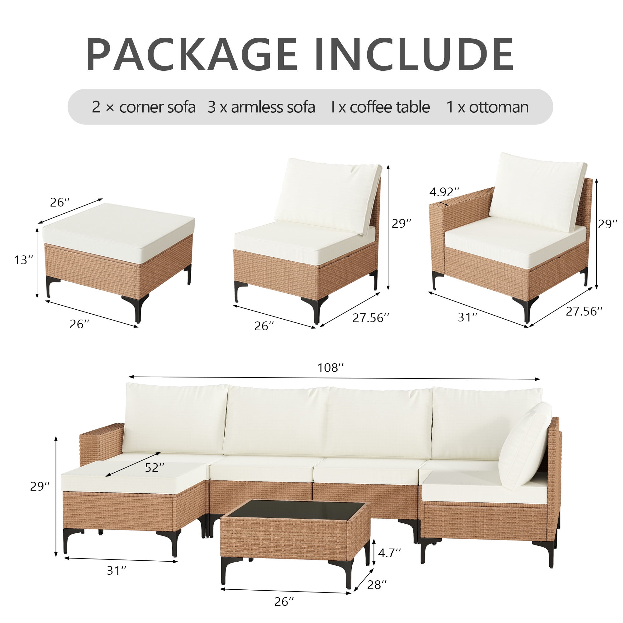 LAZZO 7-Piece Outdoor Conversation Set, Wicker Patio Furniture with Cushions and Coffee Table, Beige