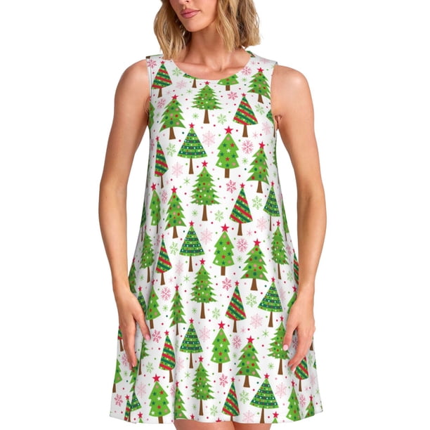 Fotbe Christmas Trees Vestido de Verano sin Mangas para Mujer – Vestido Midi Línea A, Estilo Camiseta Floral, Vestido Playero Casual y Fluido