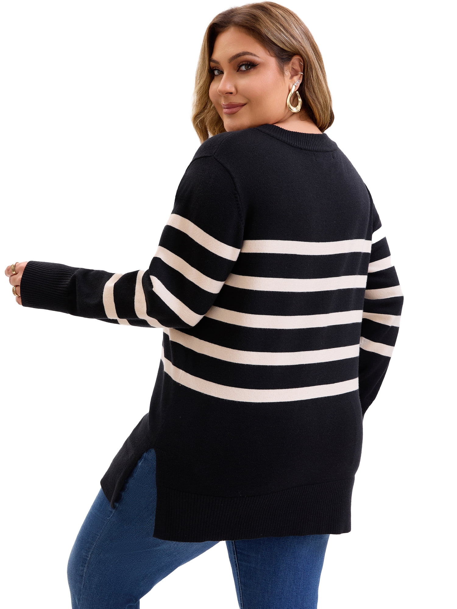 DARING DIVA Women's Plus Striped Long Sleeve Crewneck Pullover Sweater 1X Black