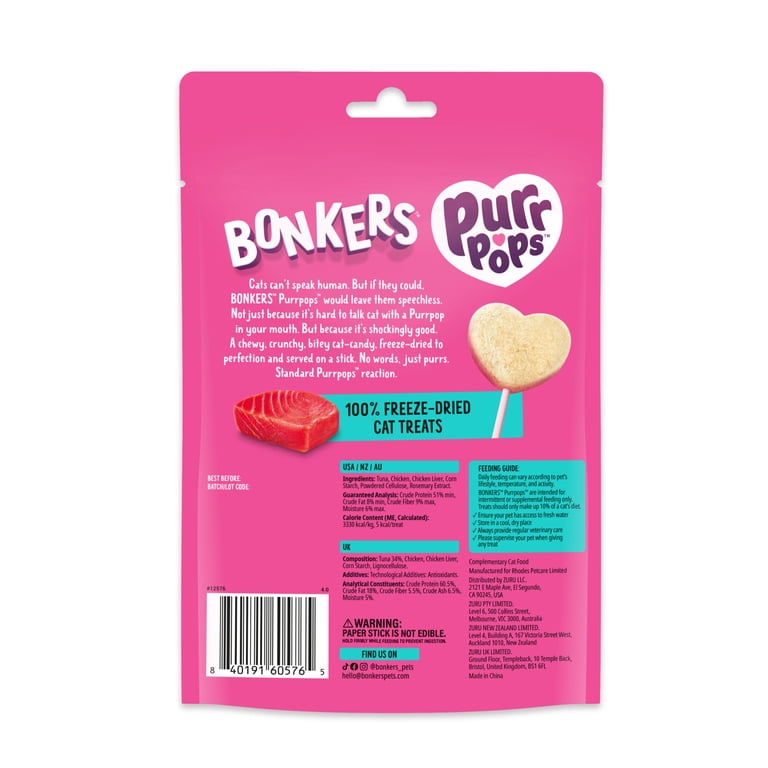 12 pack) BONKERS Purrpops, Freeze Dried Tuna Flavored Lollipop Cat