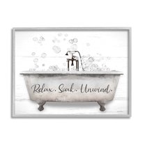 Stupell Relax Soak Unwind Bathtub Bubbles Typography Painting Gray Framed Art Print Wall Art