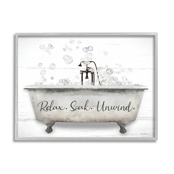 Stupell Relax Soak Unwind Bathtub Bubbles Typography Painting Gray Framed Art Print Wall Art