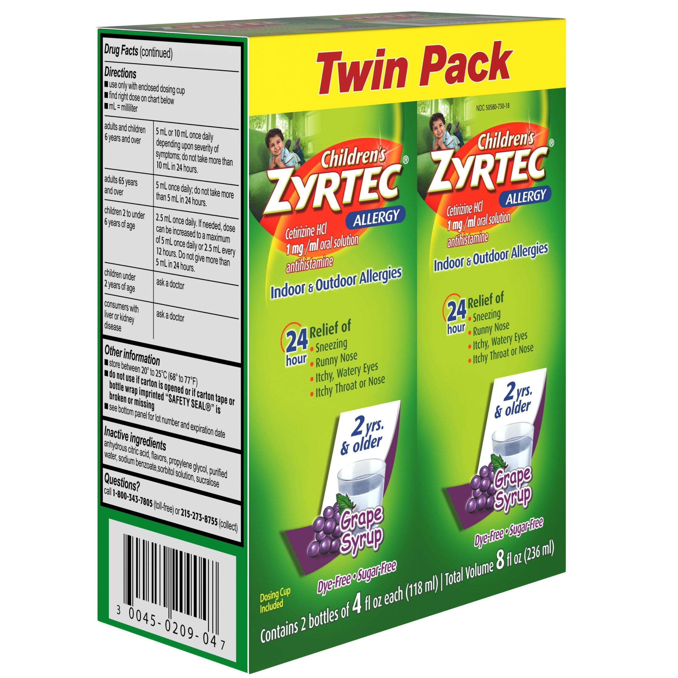 Zyrtec 24 Hr Children's Allergy Syrup, Grape, Twin Pack of 4 fl. oz