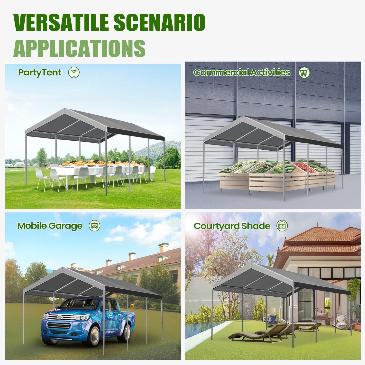 ECOLINEAR Carport 10x20 ft Heavy Duty Carport, Outdoor Potable Garage with 4 Adjustable Height 8.7 ft to 10.2 ft, Carport Canopy Anti UV All-Season Waterproof Tarp, Car Canopy for Trucks, Boats,Yello