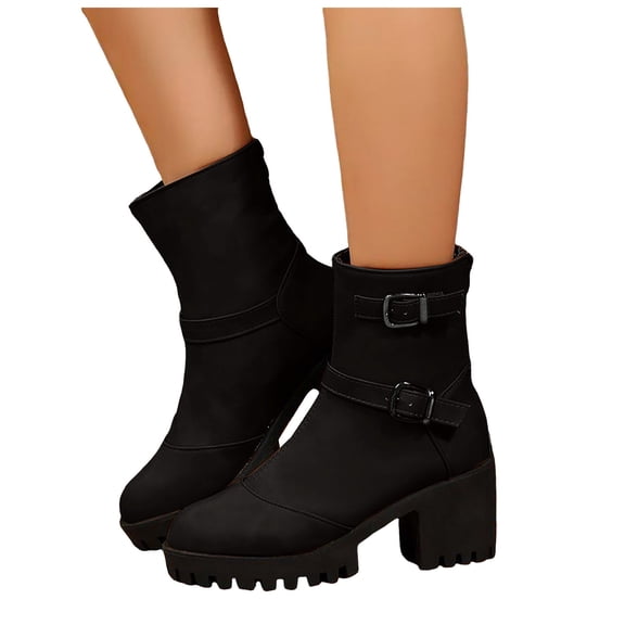 Women's Ankle Boots Platform Lug Sole Riding Booties Vintage Leather Buckle Strap Back Zipper Mid Calf Boots Black 7.5