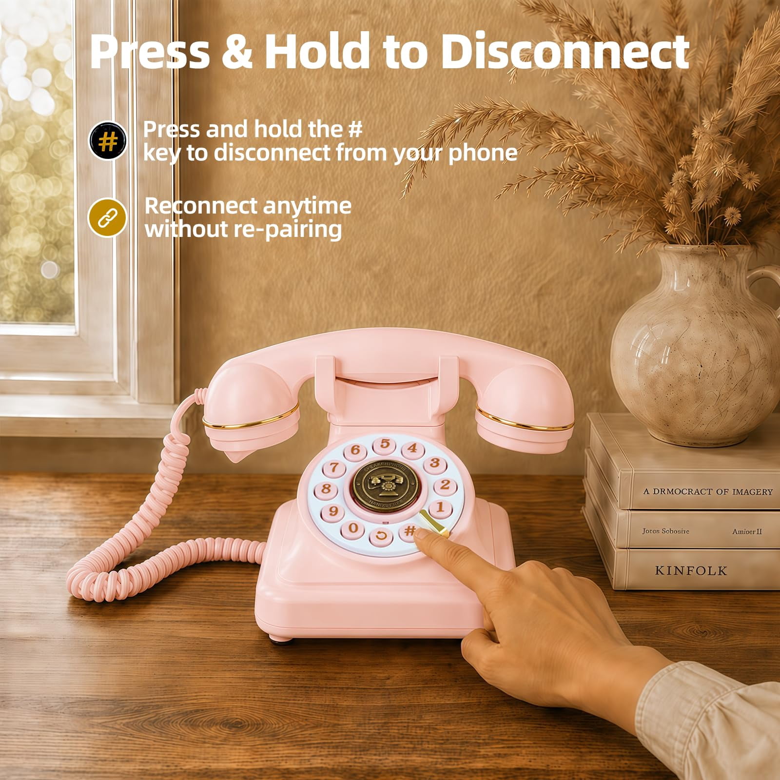 Phones Pinkie Landline Vintage Bluetooth Phone, Retro Desk Telephone with Gold Accents, Loud Nostalgic Ringtones, Bluetooth Connects to Smartphone for Home & Office