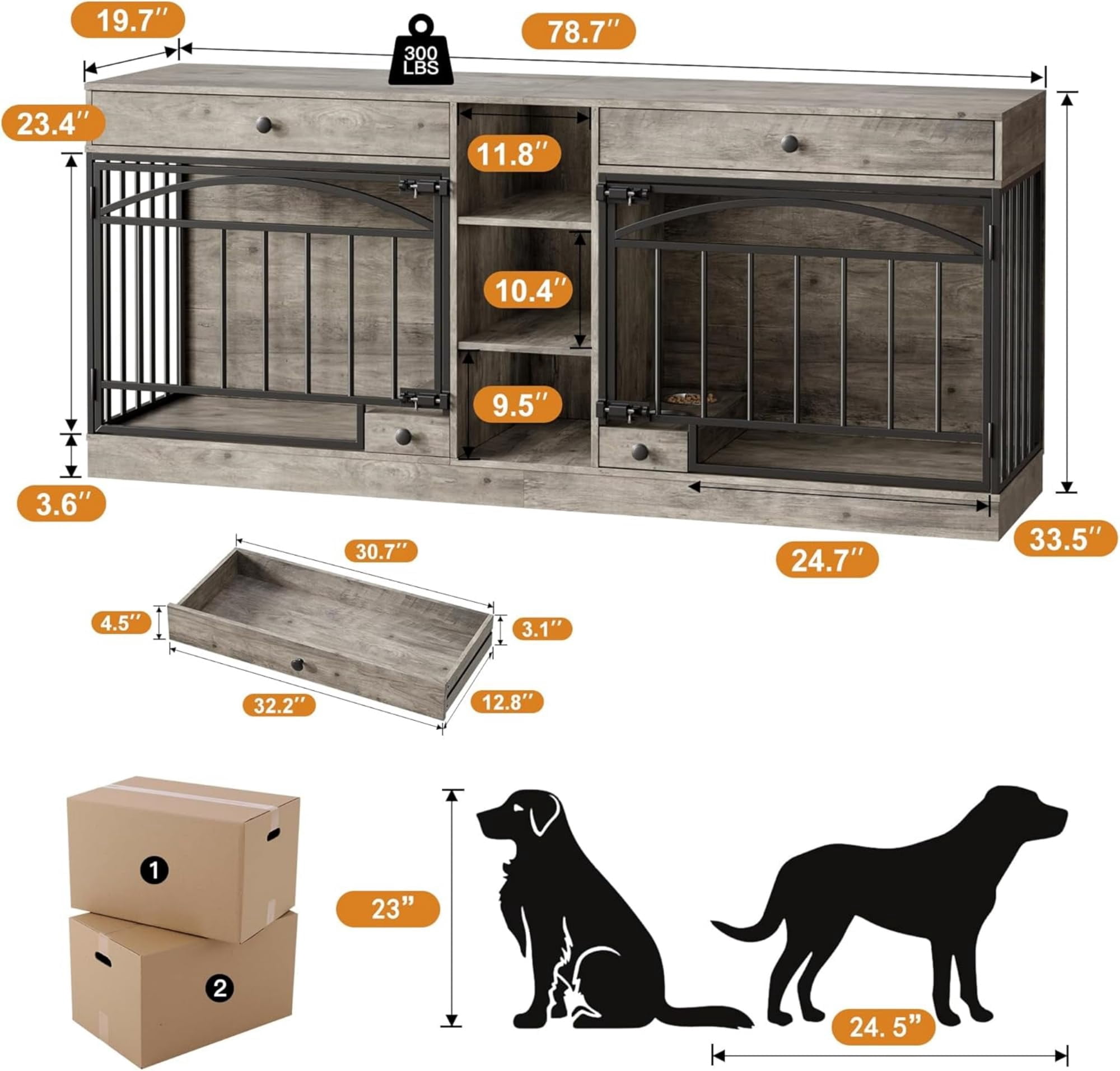Accreate Dog Crate Furniture for 2 Dog, 78.7'' Large Dog Kennel Indoor with 2 Storage Drawers, 3 Shelves and Feeding Bowls, Double Dog Crate TV Stand for Small and Medium Dogs