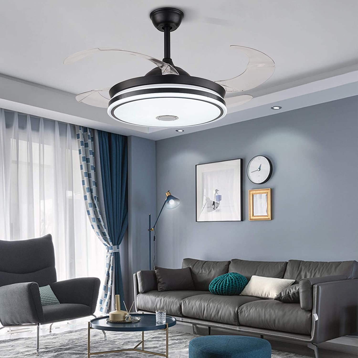 Wuzstar 42 Inch Modern Ceiling Fan Lights,Retractable Chandelier Lighting Fixture with Music