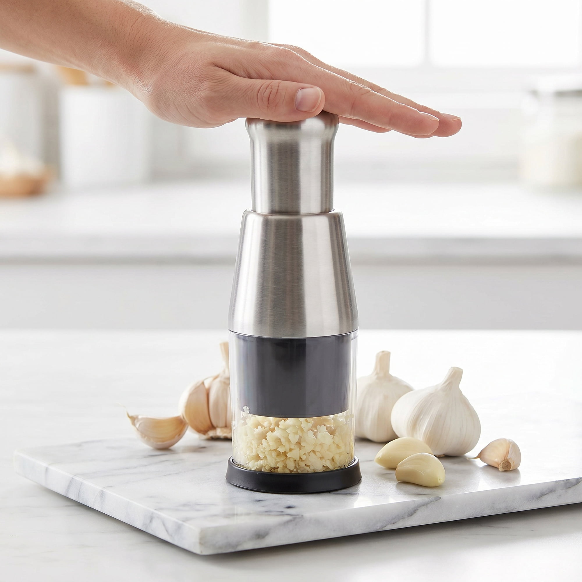 Unique Bargains Manual Food Processor Plated Press Garlic Mincer Onion Cutter Silver/Black