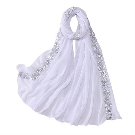 QASIEATN Pearl Chiffon Scarf Hijabs for Women Embroidery Sequins Decorative Wrap Headscarf Head Wrap Daily Wear Casual Accessories Scarf for Women