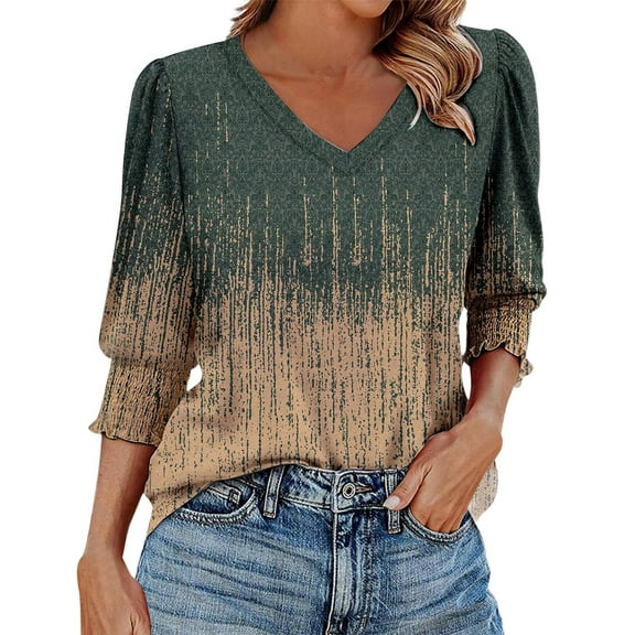Business Casual Women Elegant Tailored Fit 3/4 Sleeve Blouse Vintage Gradient Print Minimalist V Neck Shirt Dressy Work Blouses with Smocked Work Blouses for Women Office Beige M