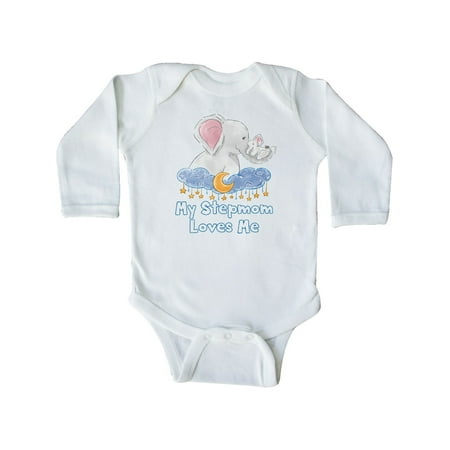 

Inktastic My Stepmom Loves Me Cute Elephants Clouds Moon and Stars Gift Baby Boy or Baby Girl Long Sleeve Bodysuit