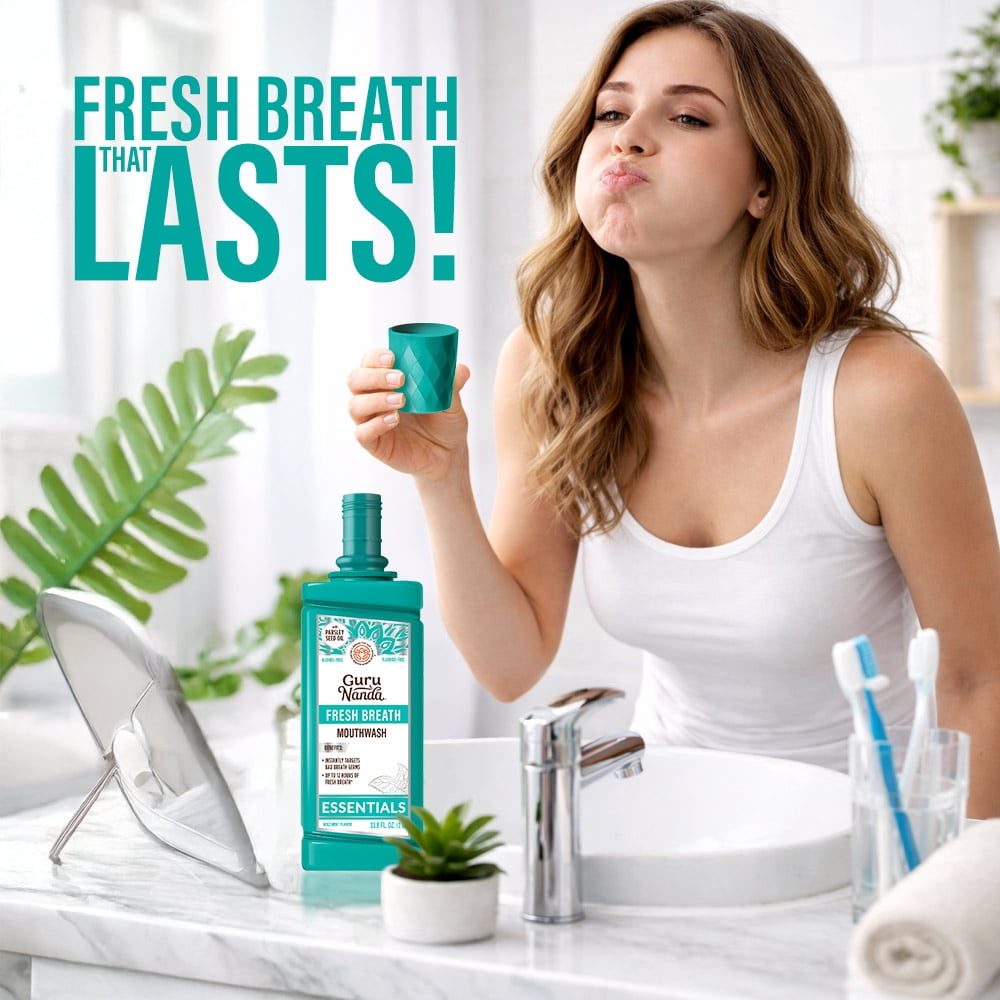 (3 pack) GuruNanda Fresh Breath Mouthwash, Wild Mint, 1 L