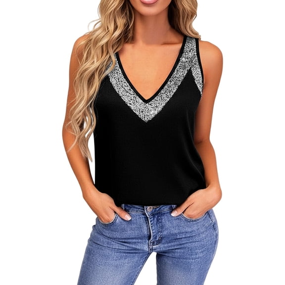 XAOFW Women'S T Shirts Solid Color Sequin Tank Summer Sleeveless V-Neck Comfort Soft Casual Daily Wear Tops
