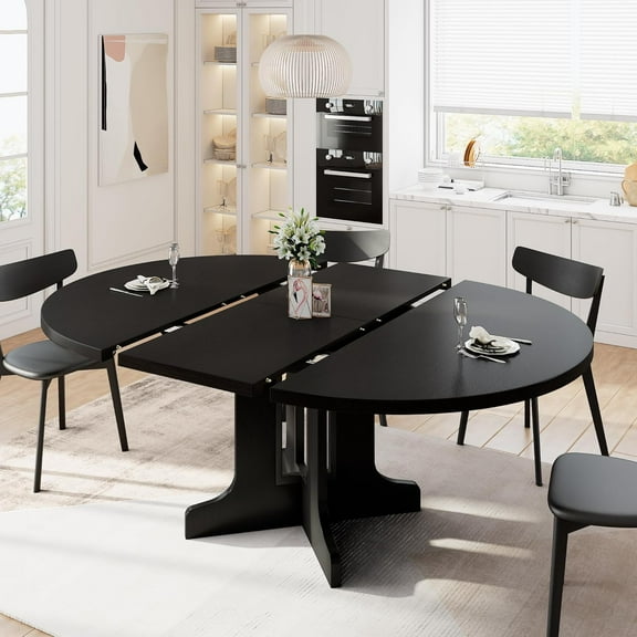 iPormis 59" Extendable Round Dining Table for 6, Modern Kitchen Table with Sturdy Wooden Base, Dining Room Table with Thickened MDF Board, Perfect for Small Space, Black