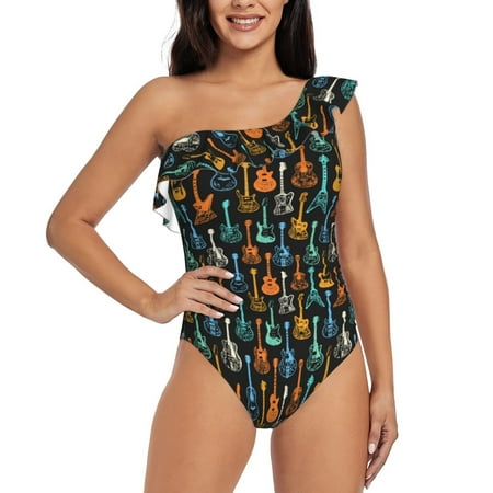 Goofa Colorful Guitar Pattern Women s One Piece Swimsuits Tummy Control Bathing Suits Asymmetric One Shoulder Swimwear-X-Large