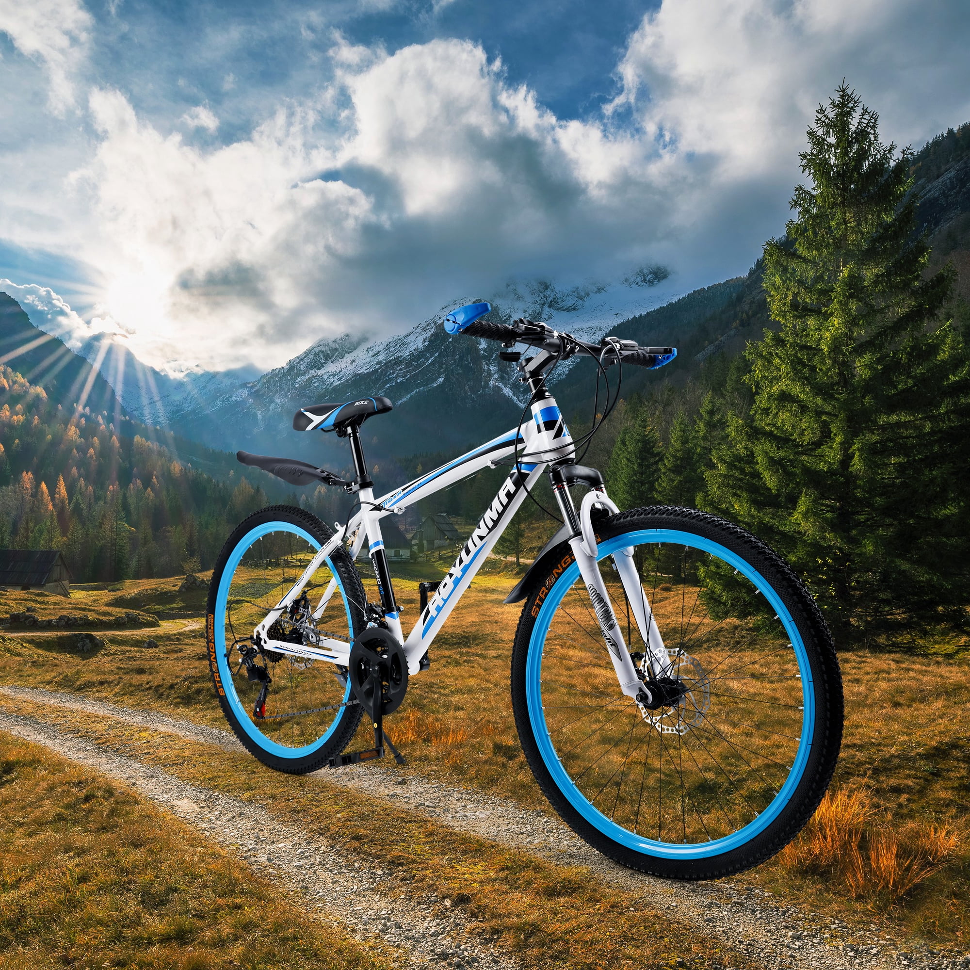 26" Mountain Bike for Men/Women, 24 Speed Shimano Twist Shifting, Front Suspension, Comfort Saddle Red/White/Blue/Green