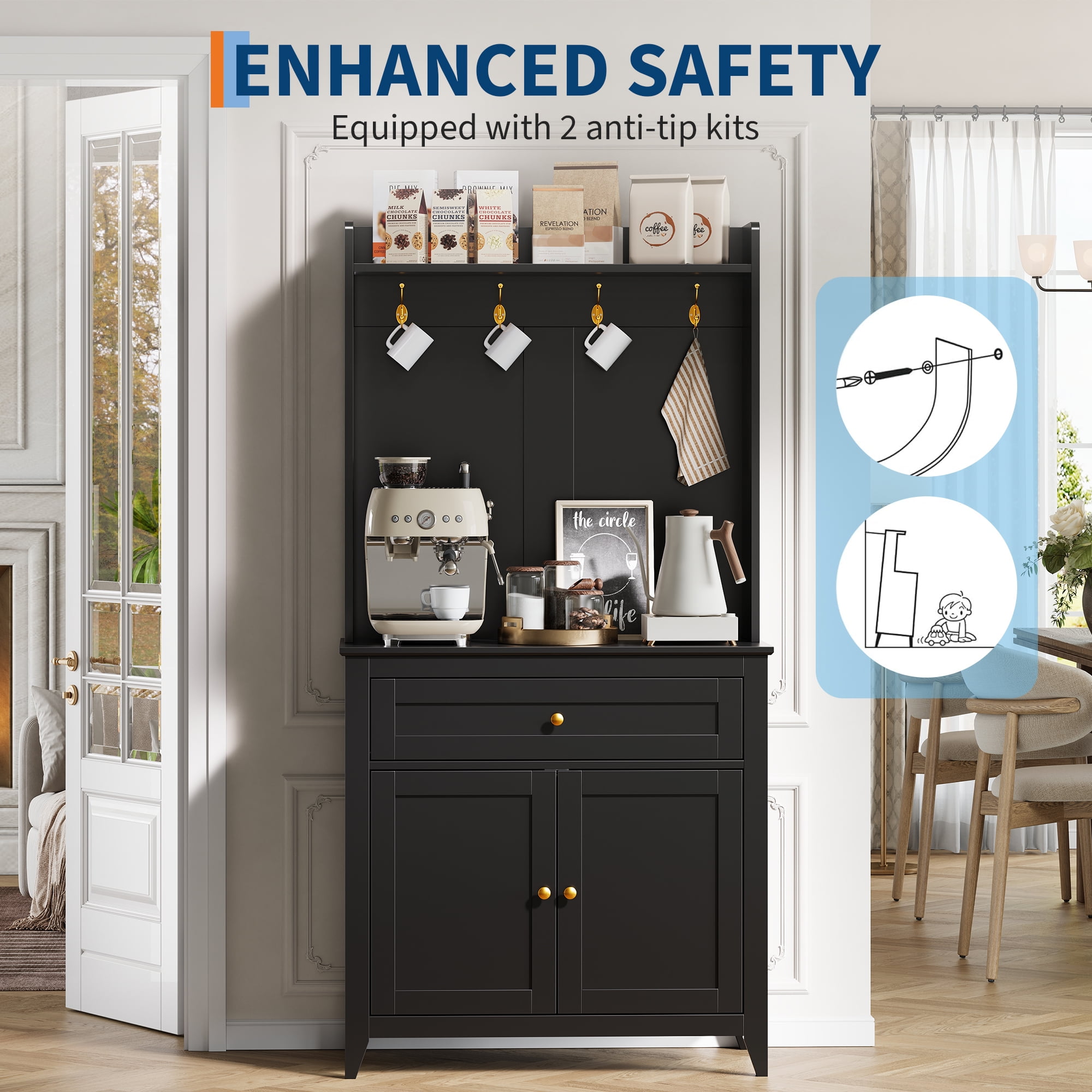 63" Pantry Cabinet, Kitchen Pantry Storage Cabinet with Outlet, Kitchen Hutch with Microwave Shelf & 4 Hooks, Door Shelves & Drawer & Adjustable Shelves, for Dining Room